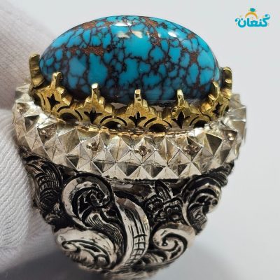 فیروزه اصل شجری نیشابوری تارعنکبوتی، سنگ چاهی، تراش بادومی - Image 4