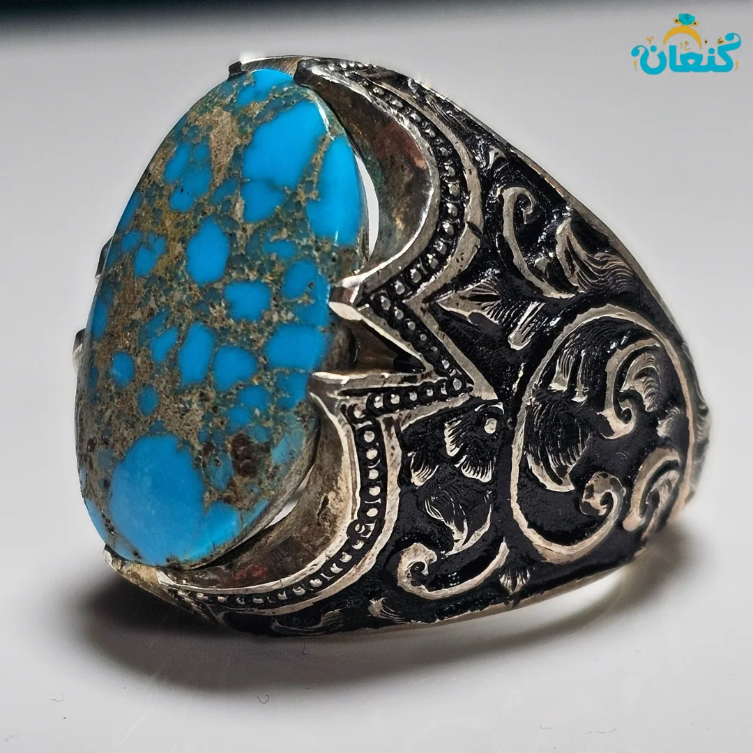 انگشتر فیروزه آبی رگه طلایی نسخه سیاه قلم - ???? 3