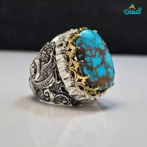 انگشتر فیروزه تمام مغز شجری گلکاسنی رگه طلایی - ????? ???? ?????