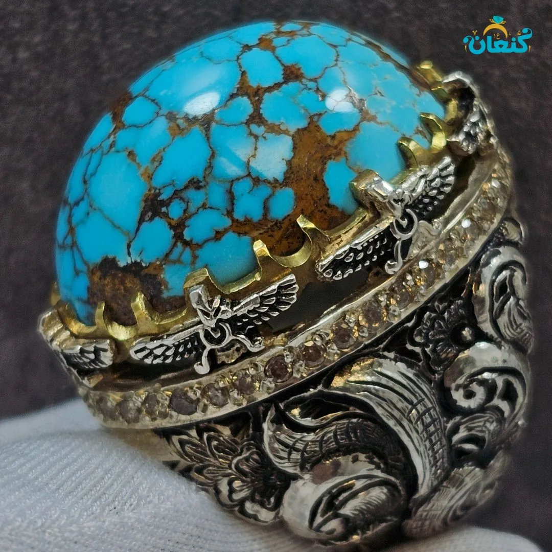 انگشتر فیروزه تمام مغز عنکبوتی درجه ۱ دامله تراش - ???? 2
