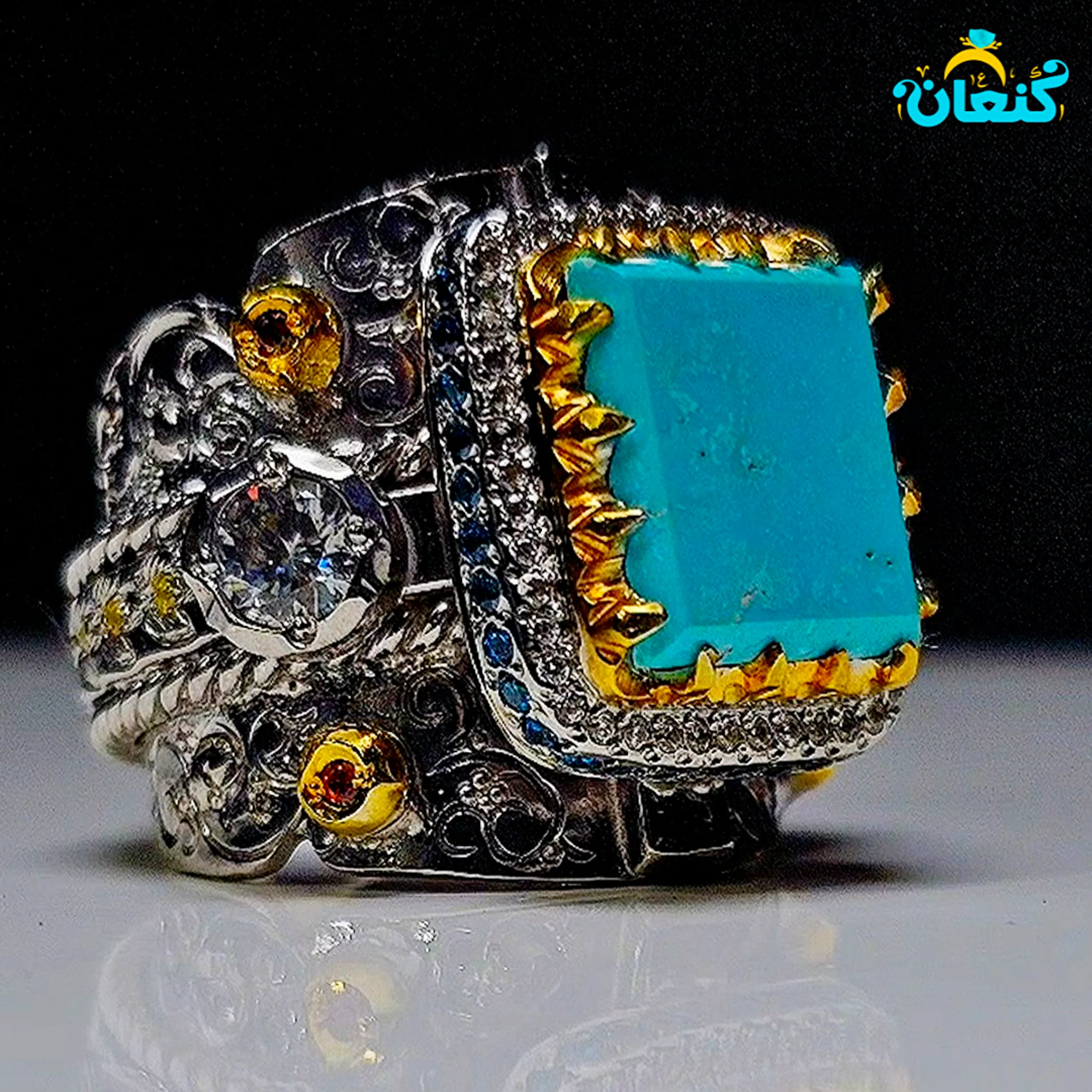 انگشتر فیروزه طراحی خاص و انحساری سه نگین - ????? ???? ?????